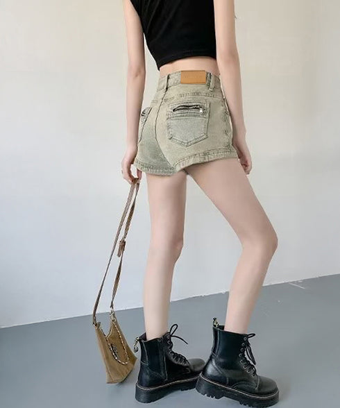 ウォッシュデニムショートパンツレディース ヴィンテージ風デニムショーパン 美脚脚長ジーパン お洒落アメカジホットパンツ 細見え美尻ジーンズ レトロ短パンオルチャン 90DAK-002