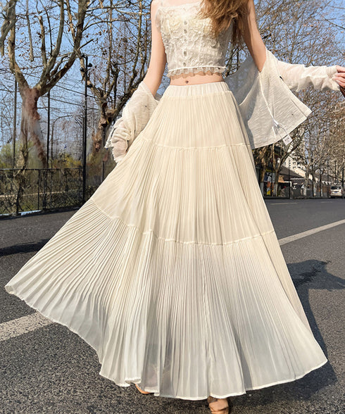 シフォンスカート ロングプリーツスカート レディース ハイウエスト ティアードスカート きれいめ Aラインスカート マキシフレアスカート 大人韓国風シアースカート 90DAX-001