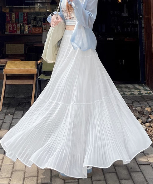 シフォンスカート ロングプリーツスカート レディース ハイウエスト ティアードスカート きれいめ Aラインスカート マキシフレアスカート 大人韓国風シアースカート 90DAX-001