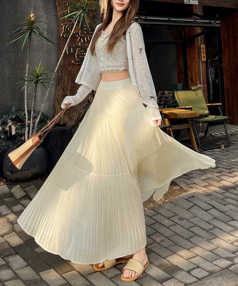 シフォンスカート ロングプリーツスカート レディース ハイウエスト ティアードスカート きれいめ Aラインスカート マキシフレアスカート 大人韓国風シアースカート 90DAX-001