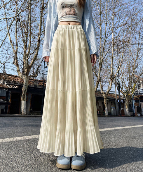 シフォンスカート ロングプリーツスカート レディース ハイウエスト ティアードスカート きれいめ Aラインスカート マキシフレアスカート 大人韓国風シアースカート 90DAX-001