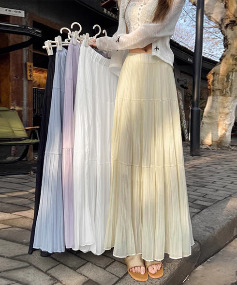 シフォンスカート ロングプリーツスカート レディース ハイウエスト ティアードスカート きれいめ Aラインスカート マキシフレアスカート 大人韓国風シアースカート 90DAX-001