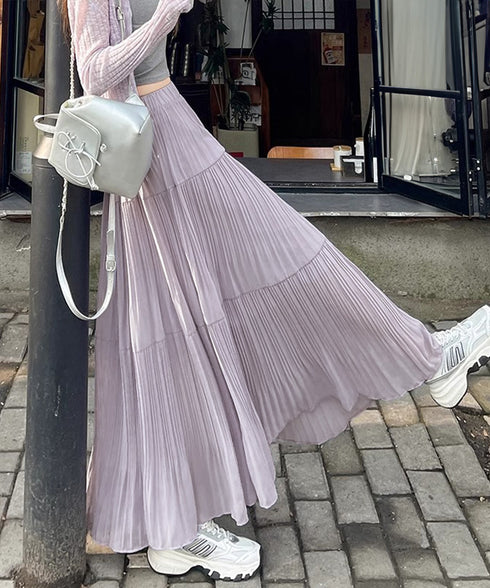 シフォンスカート ロングプリーツスカート レディース ハイウエスト ティアードスカート きれいめ Aラインスカート マキシフレアスカート 大人韓国風シアースカート 90DAX-001