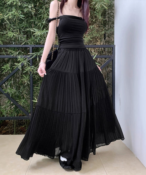 シフォンスカート ロングプリーツスカート レディース ハイウエスト ティアードスカート きれいめ Aラインスカート マキシフレアスカート 大人韓国風シアースカート 90DAX-001