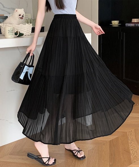 シフォンスカート ロングプリーツスカート レディース ハイウエスト ティアードスカート きれいめ Aラインスカート マキシフレアスカート 大人韓国風シアースカート 90DAX-001