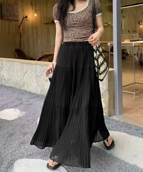 シフォンスカート ロングプリーツスカート レディース ハイウエスト ティアードスカート きれいめ Aラインスカート マキシフレアスカート 大人韓国風シアースカート 90DAX-001