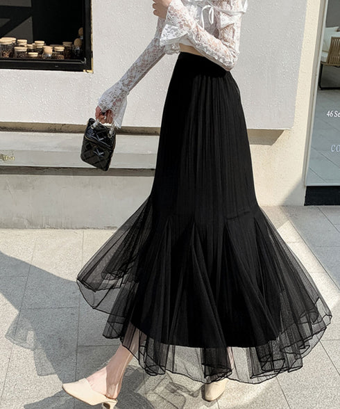 チュールスカート韓国風マーメイドスカート リバーシブルきれいめプリーツスカートおしゃれ ハイウエストロングスカート ウエストゴムフレアスカート ボリューム美脚脚長 90DAX-002
