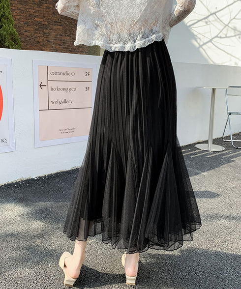 チュールスカート韓国風マーメイドスカート リバーシブルきれいめプリーツスカートおしゃれ ハイウエストロングスカート ウエストゴムフレアスカート ボリューム美脚脚長 90DAX-002