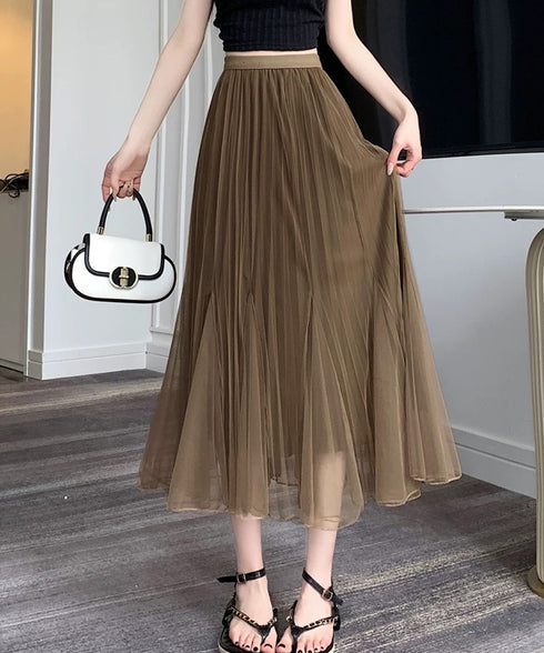 チュールスカート韓国風マーメイドスカート リバーシブルきれいめプリーツスカートおしゃれ ハイウエストロングスカート ウエストゴムフレアスカート ボリューム美脚脚長 90DAX-002