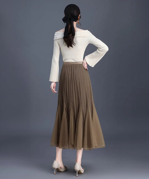 チュールスカート韓国風マーメイドスカート リバーシブルきれいめプリーツスカートおしゃれ ハイウエストロングスカート ウエストゴムフレアスカート ボリューム美脚脚長 90DAX-002