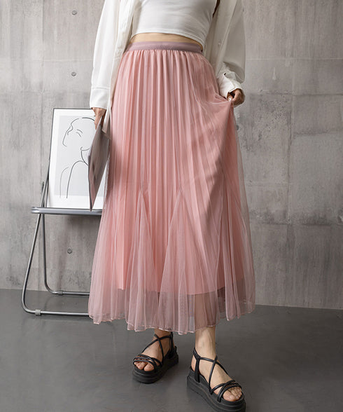 チュールスカート韓国風マーメイドスカート リバーシブルきれいめプリーツスカートおしゃれ ハイウエストロングスカート ウエストゴムフレアスカート ボリューム美脚脚長 90DAX-002
