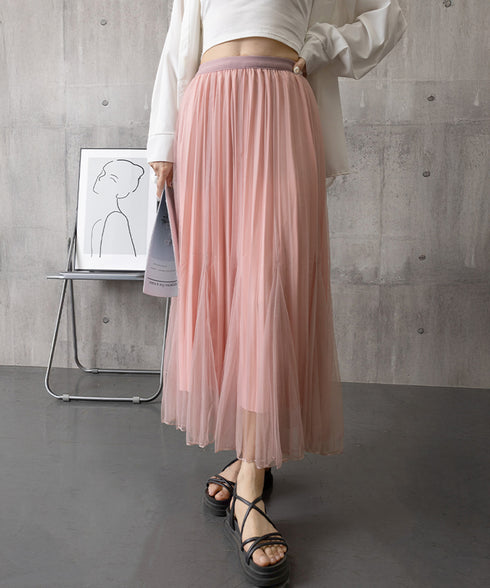 チュールスカート韓国風マーメイドスカート リバーシブルきれいめプリーツスカートおしゃれ ハイウエストロングスカート ウエストゴムフレアスカート ボリューム美脚脚長 90DAX-002