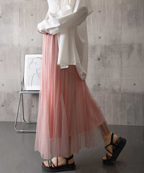 チュールスカート韓国風マーメイドスカート リバーシブルきれいめプリーツスカートおしゃれ ハイウエストロングスカート ウエストゴムフレアスカート ボリューム美脚脚長 90DAX-002