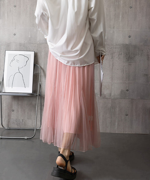 チュールスカート韓国風マーメイドスカート リバーシブルきれいめプリーツスカートおしゃれ ハイウエストロングスカート ウエストゴムフレアスカート ボリューム美脚脚長 90DAX-002