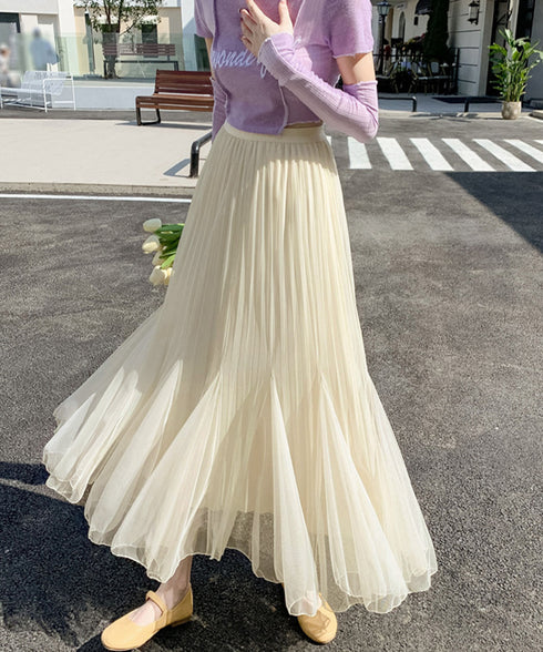 チュールスカート韓国風マーメイドスカート リバーシブルきれいめプリーツスカートおしゃれ ハイウエストロングスカート ウエストゴムフレアスカート ボリューム美脚脚長 90DAX-002