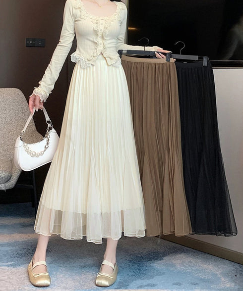 チュールスカート韓国風マーメイドスカート リバーシブルきれいめプリーツスカートおしゃれ ハイウエストロングスカート ウエストゴムフレアスカート ボリューム美脚脚長 90DAX-002
