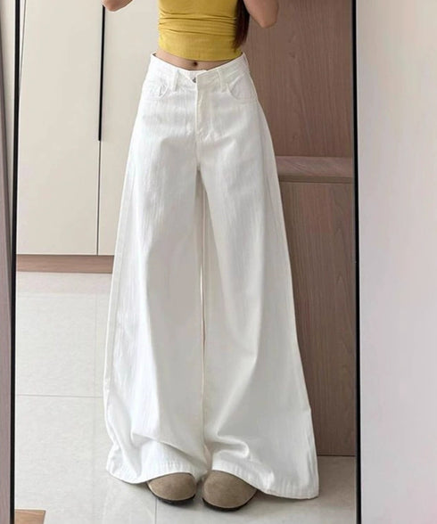 ハイウエストワイドストレートパンツ韓国風 レディース 着やせワイドパンツ 薄手デニムパンツ美脚 脚長見え 体型カバーボトムス 大人カジュアル ホワイトデニム細見え 90DAX-005