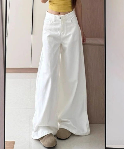ハイウエストワイドストレートパンツ韓国風 レディース 着やせワイドパンツ 薄手デニムパンツ美脚 脚長見え 体型カバーボトムス 大人カジュアル ホワイトデニム細見え 90DAX-005