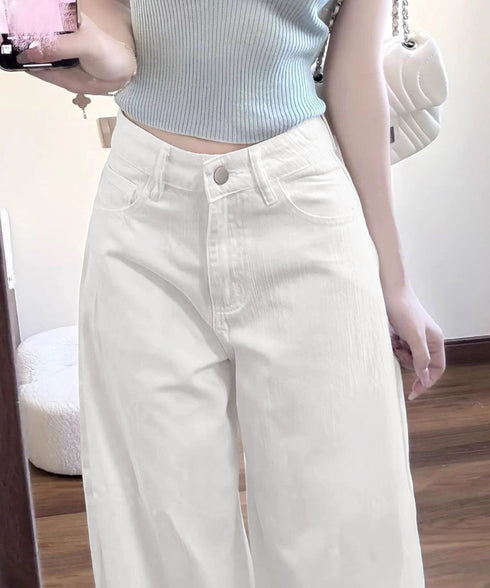 ハイウエストワイドストレートパンツ韓国風 レディース 着やせワイドパンツ 薄手デニムパンツ美脚 脚長見え 体型カバーボトムス 大人カジュアル ホワイトデニム細見え 90DAX-005