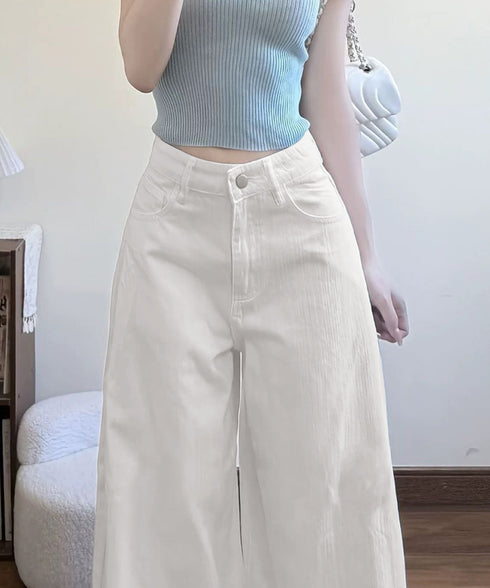 ハイウエストワイドストレートパンツ韓国風 レディース 着やせワイドパンツ 薄手デニムパンツ美脚 脚長見え 体型カバーボトムス 大人カジュアル ホワイトデニム細見え 90DAX-005