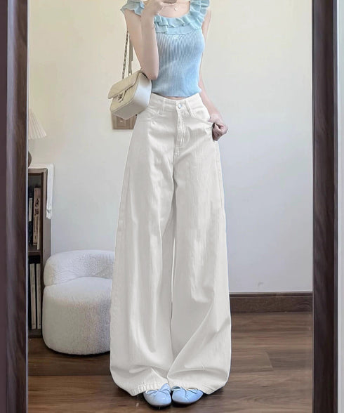ハイウエストワイドストレートパンツ韓国風 レディース 着やせワイドパンツ 薄手デニムパンツ美脚 脚長見え 体型カバーボトムス 大人カジュアル ホワイトデニム細見え 90DAX-005