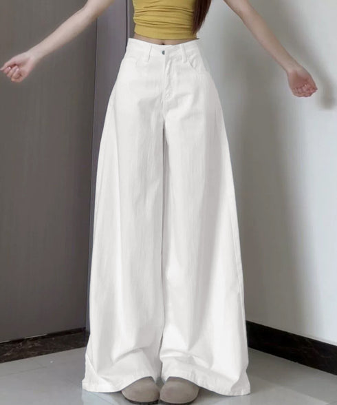 ハイウエストワイドストレートパンツ韓国風 レディース 着やせワイドパンツ 薄手デニムパンツ美脚 脚長見え 体型カバーボトムス 大人カジュアル ホワイトデニム細見え 90DAX-005