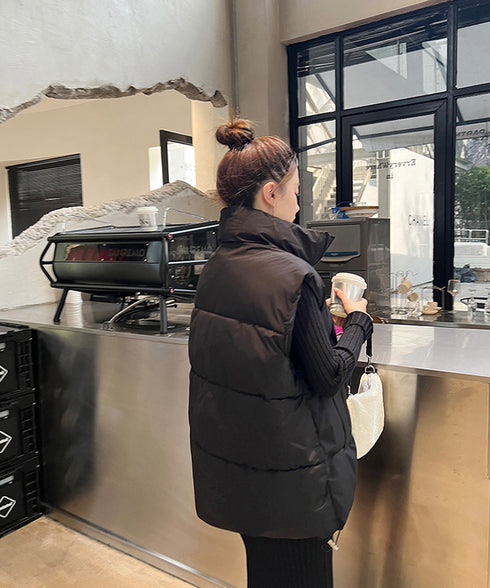 エコダウンベストレディース暖か中綿ベスト ノースリーブジャケット シンプルジレベスト レイヤード重ね着 上着ジャンパー ゆったり体型カバー 着やせ冬アウター韓国風 90DLBW-001