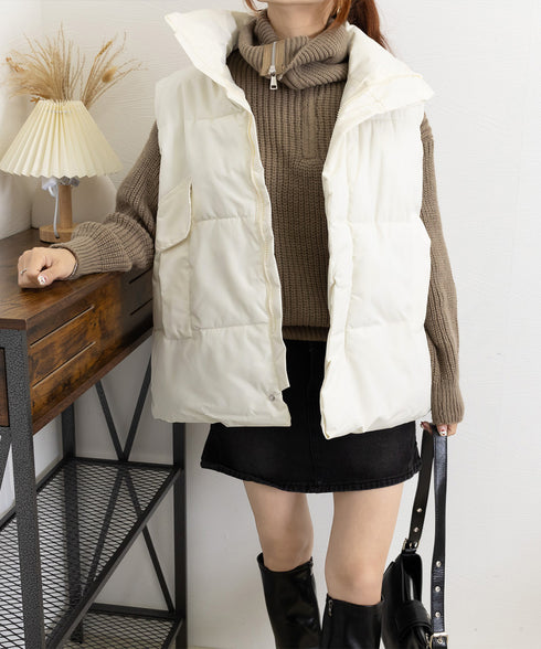 エコダウンベストレディース暖か中綿ベスト ノースリーブジャケット シンプルジレベスト レイヤード重ね着 上着ジャンパー ゆったり体型カバー 着やせ冬アウター韓国風 90DLBW-001