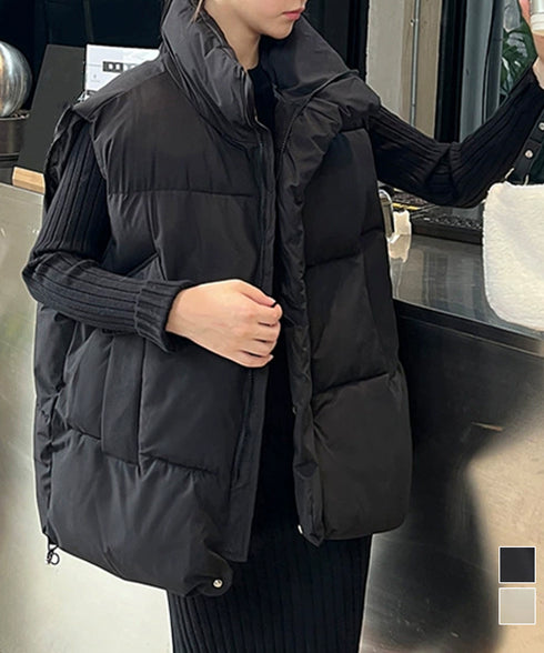 エコダウンベストレディース暖か中綿ベスト ノースリーブジャケット シンプルジレベスト レイヤード重ね着 上着ジャンパー ゆったり体型カバー 着やせ冬アウター韓国風 90DLBW-001