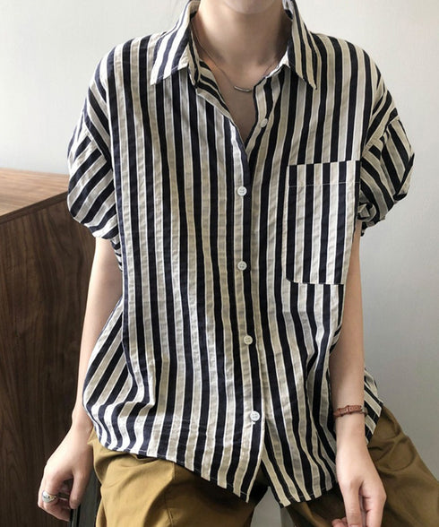 ストライプ半袖シャツレディース体型カバー 韓国風シャツブラウス ゆったりトップス 大人カジュアル羽織り春夏 通勤通学 薄手襟付きシャツ配色 着やせオフィスブラウス 90DLYG-001