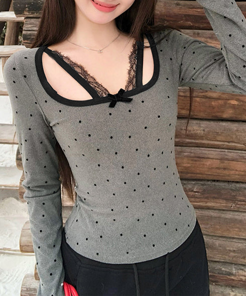 ドット柄トップス レイヤード風カットソー 胸元レース切替トップス レディース パイピング リボントップス おしゃれ細身Tシャツカジュアルインナートップス 重ね着風 90FJXG-001