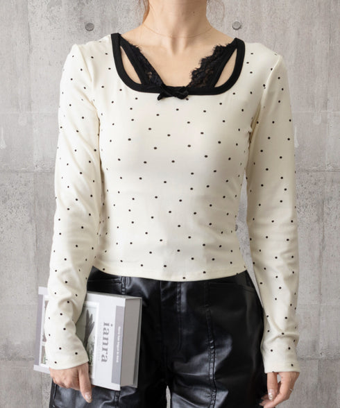ドット柄トップス レイヤード風カットソー 胸元レース切替トップス レディース パイピング リボントップス おしゃれ細身Tシャツカジュアルインナートップス 重ね着風 90FJXG-001