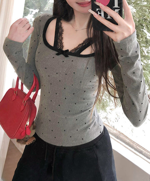 ドット柄トップス レイヤード風カットソー 胸元レース切替トップス レディース パイピング リボントップス おしゃれ細身Tシャツカジュアルインナートップス 重ね着風 90FJXG-001