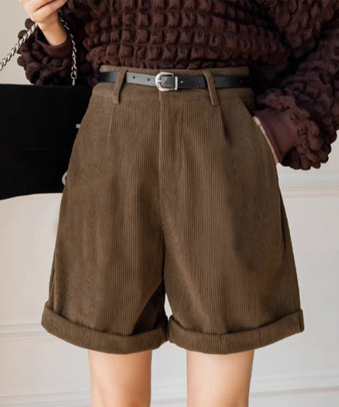 コーデュロイショートパンツ ハイウエスト 秋冬短パン ロールアップ ハーフパンツ 膝上丈ボトムス 着やせ オフィスカジュアル 美脚脚長 韓国風ショーパン体型カバー 90HPSY-001