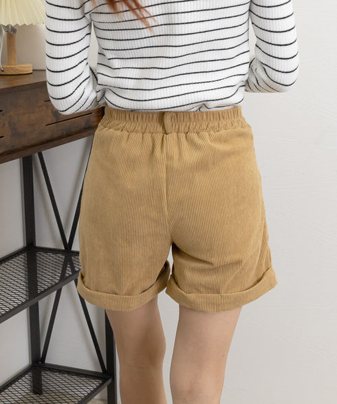 コーデュロイショートパンツ ハイウエスト 秋冬短パン ロールアップ ハーフパンツ 膝上丈ボトムス 着やせ オフィスカジュアル 美脚脚長 韓国風ショーパン体型カバー 90HPSY-001