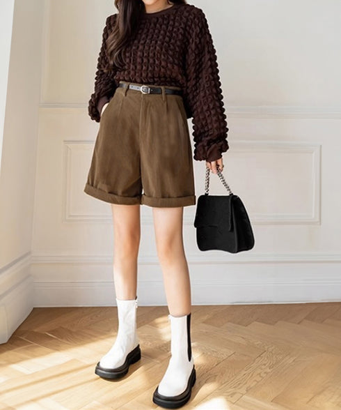 コーデュロイショートパンツ ハイウエスト 秋冬短パン ロールアップ ハーフパンツ 膝上丈ボトムス 着やせ オフィスカジュアル 美脚脚長 韓国風ショーパン体型カバー 90HPSY-001