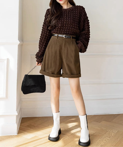 コーデュロイショートパンツ ハイウエスト 秋冬短パン ロールアップ ハーフパンツ 膝上丈ボトムス 着やせ オフィスカジュアル 美脚脚長 韓国風ショーパン体型カバー 90HPSY-001