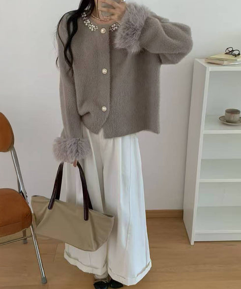 モヘアニットカーディガンファージャケット ふわふわファーニットアウター レディースきれいめシャギーニット高級感 パール付きエレガントトップス おしゃれ 上品秋冬服 90HYHT-001