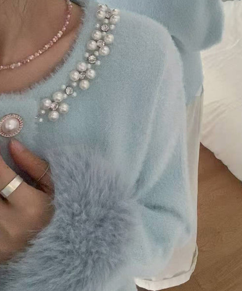 モヘアニットカーディガンファージャケット ふわふわファーニットアウター レディースきれいめシャギーニット高級感 パール付きエレガントトップス おしゃれ 上品秋冬服 90HYHT-001