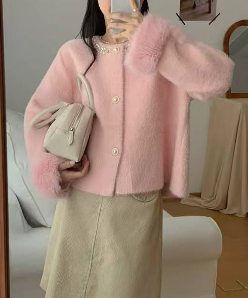 モヘアニットカーディガンファージャケット ふわふわファーニットアウター レディースきれいめシャギーニット高級感 パール付きエレガントトップス おしゃれ 上品秋冬服 90HYHT-001