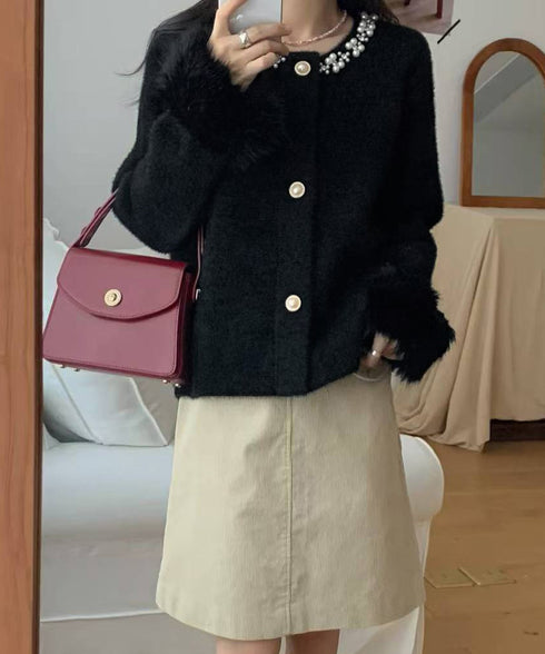 モヘアニットカーディガンファージャケット ふわふわファーニットアウター レディースきれいめシャギーニット高級感 パール付きエレガントトップス おしゃれ 上品秋冬服 90HYHT-001