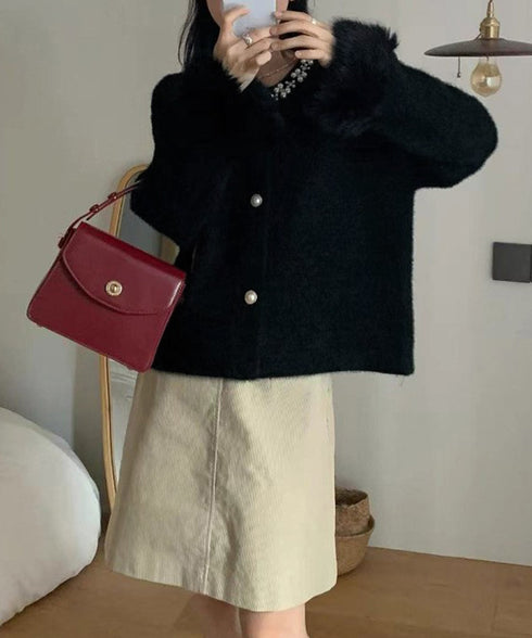 モヘアニットカーディガンファージャケット ふわふわファーニットアウター レディースきれいめシャギーニット高級感 パール付きエレガントトップス おしゃれ 上品秋冬服 90HYHT-001