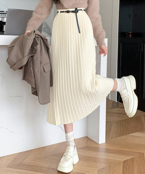 ハイウエスト プリーツニットスカート秋冬 ワイドリブ プリーツスカート ベルト付きミモレ丈スカート 体型カバーオフィスカジュアル ロングスカート 美脚脚長 着やせ 90HYHT-002