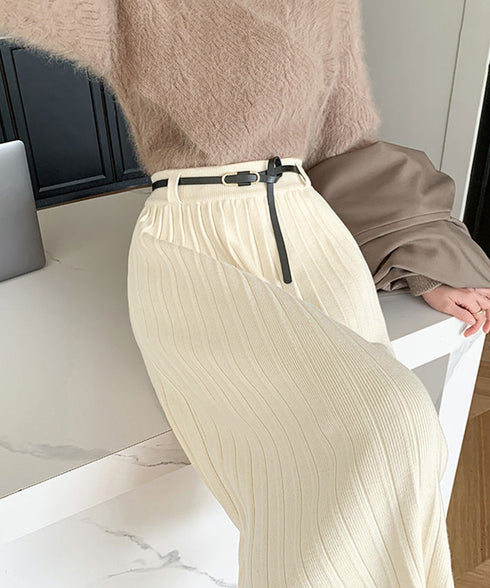 ハイウエスト プリーツニットスカート秋冬 ワイドリブ プリーツスカート ベルト付きミモレ丈スカート 体型カバーオフィスカジュアル ロングスカート 美脚脚長 着やせ 90HYHT-002