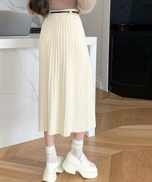 ハイウエスト プリーツニットスカート秋冬 ワイドリブ プリーツスカート ベルト付きミモレ丈スカート 体型カバーオフィスカジュアル ロングスカート 美脚脚長 着やせ 90HYHT-002