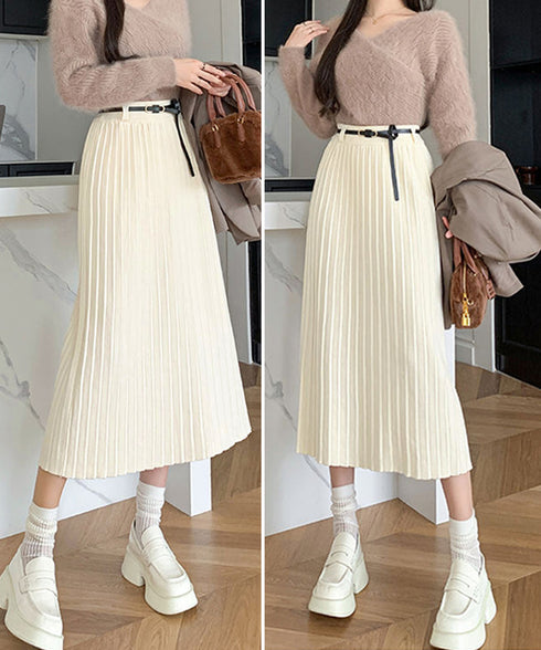ハイウエスト プリーツニットスカート秋冬 ワイドリブ プリーツスカート ベルト付きミモレ丈スカート 体型カバーオフィスカジュアル ロングスカート 美脚脚長 着やせ 90HYHT-002