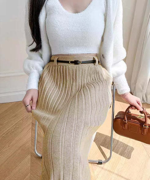 ハイウエスト プリーツニットスカート秋冬 ワイドリブ プリーツスカート ベルト付きミモレ丈スカート 体型カバーオフィスカジュアル ロングスカート 美脚脚長 着やせ 90HYHT-002