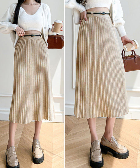 ハイウエスト プリーツニットスカート秋冬 ワイドリブ プリーツスカート ベルト付きミモレ丈スカート 体型カバーオフィスカジュアル ロングスカート 美脚脚長 着やせ 90HYHT-002