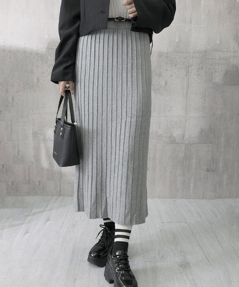 ハイウエスト プリーツニットスカート秋冬 ワイドリブ プリーツスカート ベルト付きミモレ丈スカート 体型カバーオフィスカジュアル ロングスカート 美脚脚長 着やせ 90HYHT-002