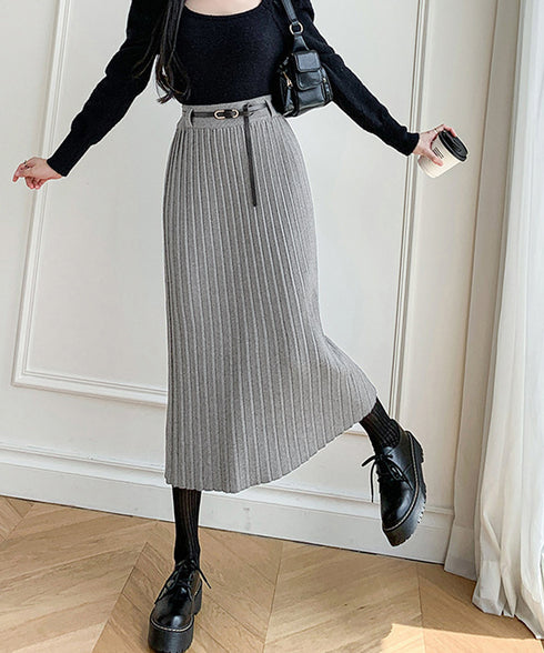ハイウエスト プリーツニットスカート秋冬 ワイドリブ プリーツスカート ベルト付きミモレ丈スカート 体型カバーオフィスカジュアル ロングスカート 美脚脚長 着やせ 90HYHT-002
